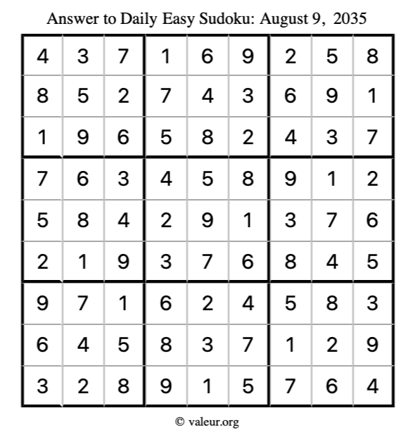 Answer to easy sudoku August 9, 2035