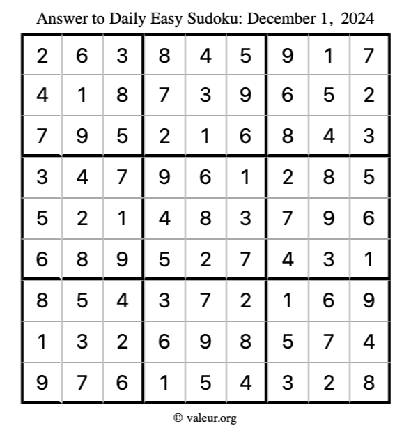 Answer to easy sudoku December 1, 2024