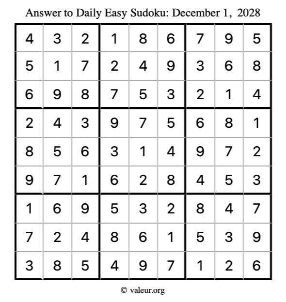 Answer to easy sudoku December 1, 2028