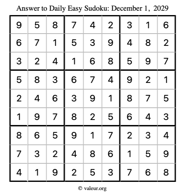 Answer to easy sudoku December 1, 2029