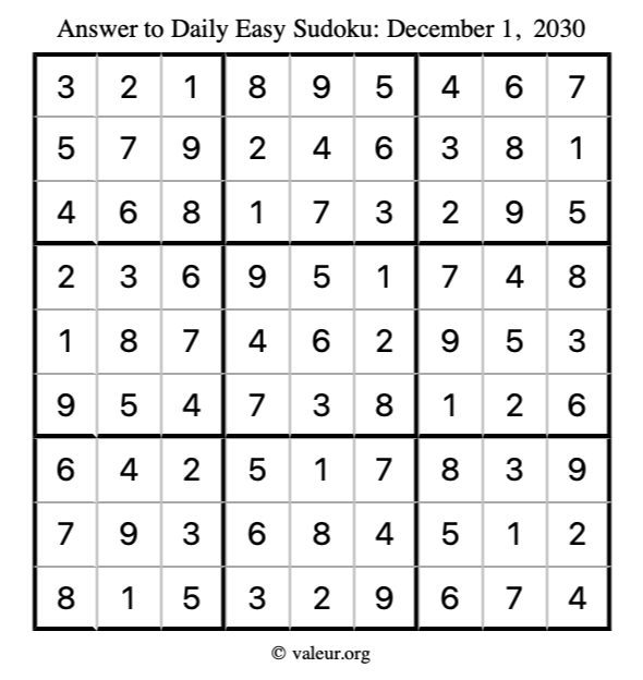 Answer to easy sudoku December 1, 2030