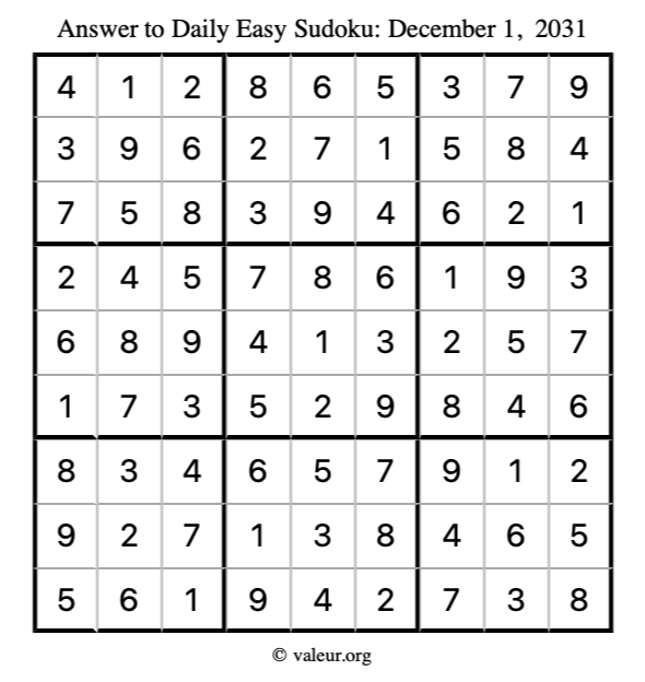 Answer to easy sudoku December 1, 2031
