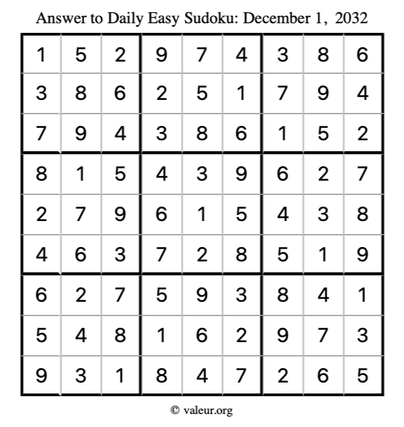 Answer to easy sudoku December 1, 2032