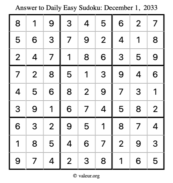 Answer to easy sudoku December 1, 2033