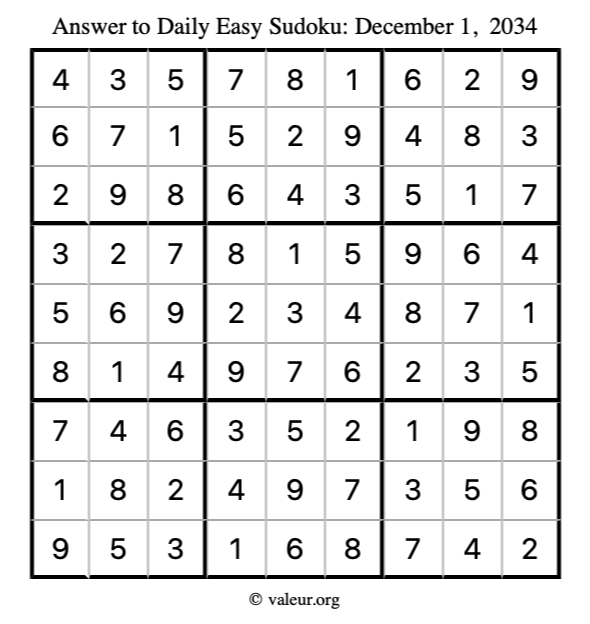 Answer to easy sudoku December 1, 2034