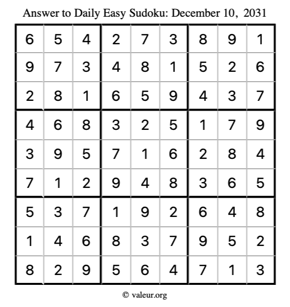 Answer to easy sudoku December 10, 2031