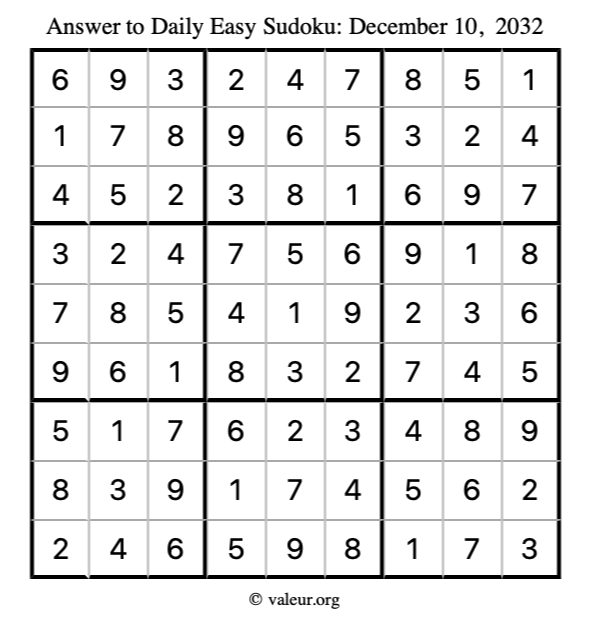 Answer to easy sudoku December 10, 2032