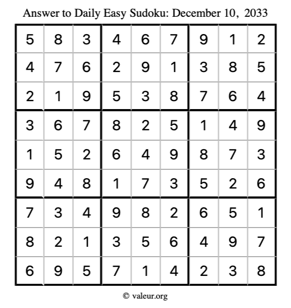 Answer to easy sudoku December 10, 2033