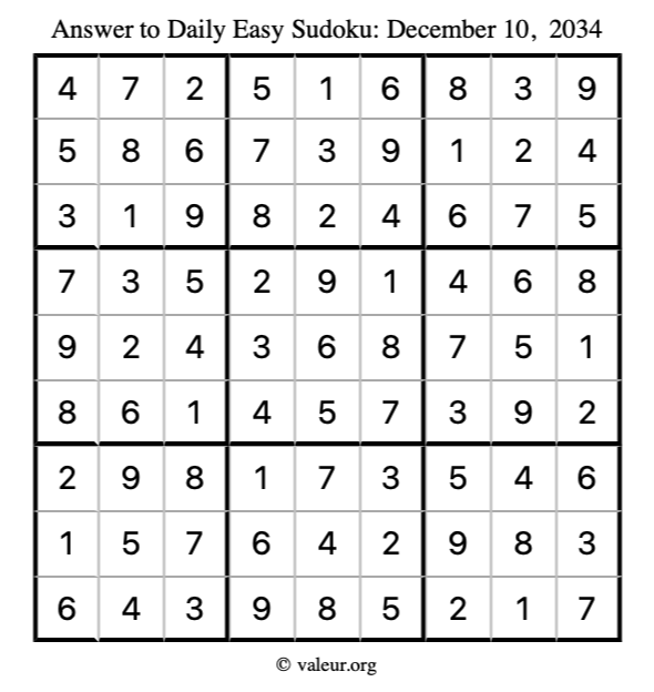 Answer to easy sudoku December 10, 2034
