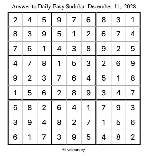Answer to easy sudoku December 11, 2028