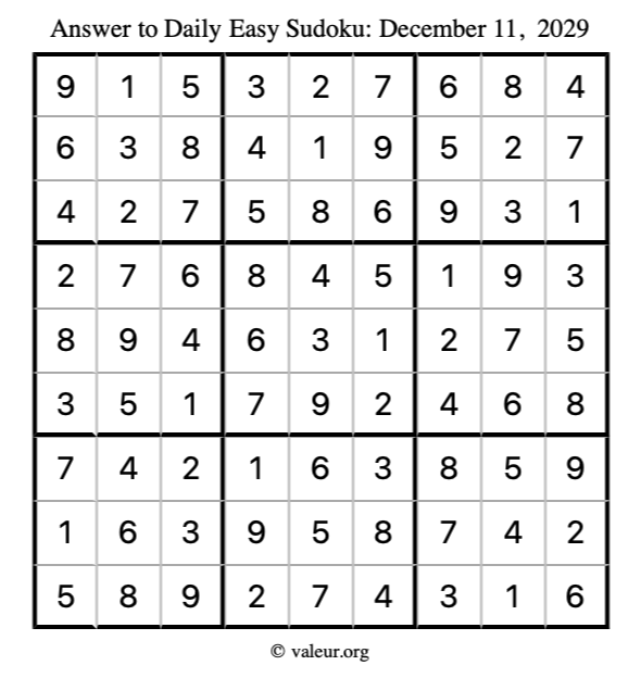 Answer to easy sudoku December 11, 2029