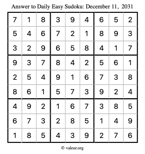 Answer to easy sudoku December 11, 2031