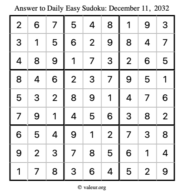 Answer to easy sudoku December 11, 2032