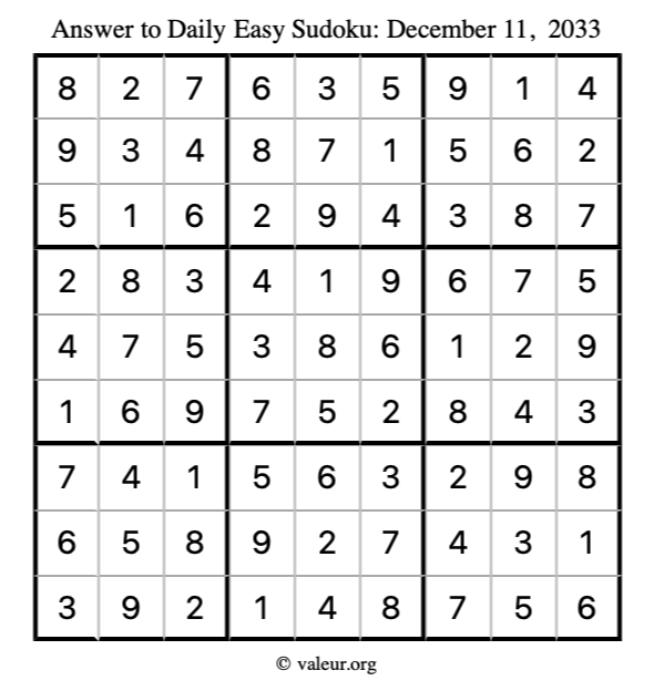 Answer to easy sudoku December 11, 2033