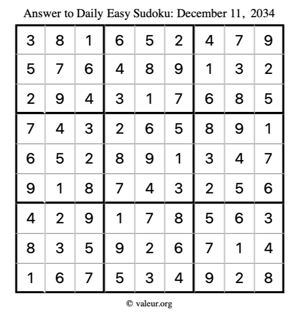 Answer to easy sudoku December 11, 2034