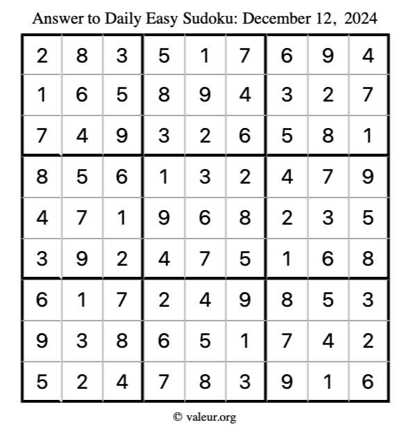 Answer to easy sudoku December 12, 2024