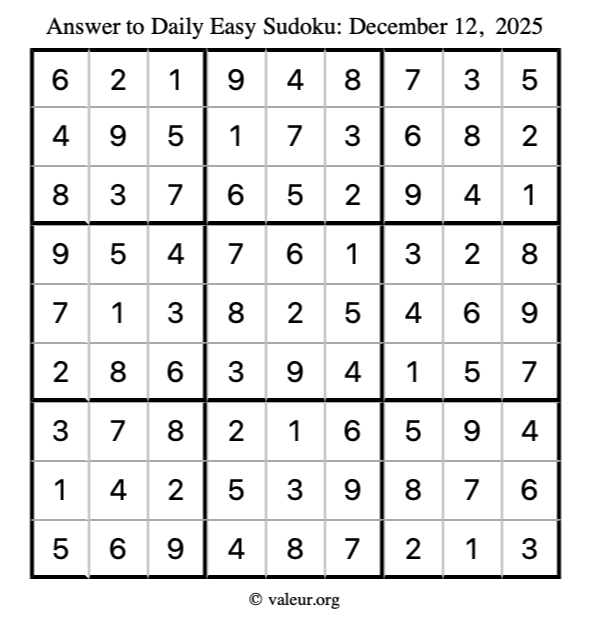 Answer to easy sudoku December 12, 2025