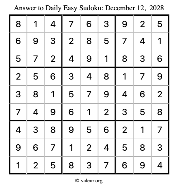 Answer to easy sudoku December 12, 2028
