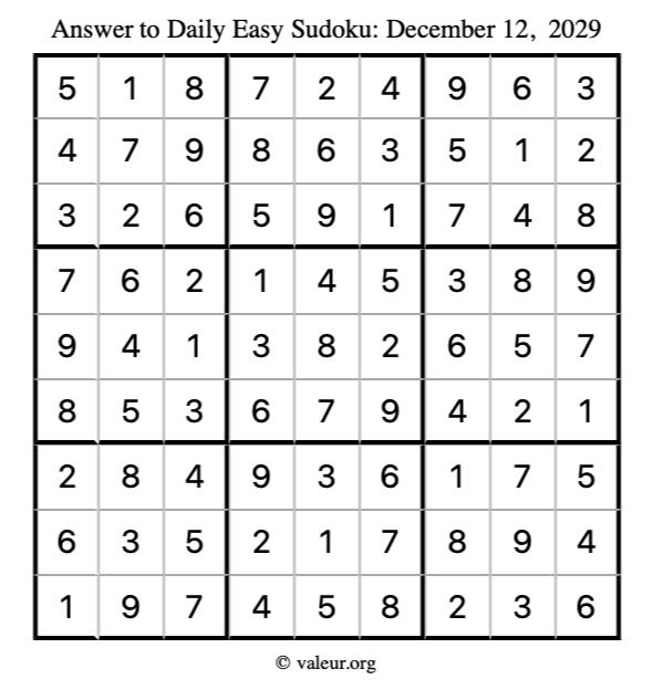 Answer to easy sudoku December 12, 2029