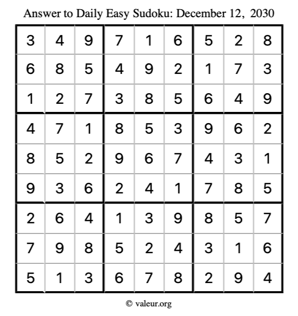 Answer to easy sudoku December 12, 2030