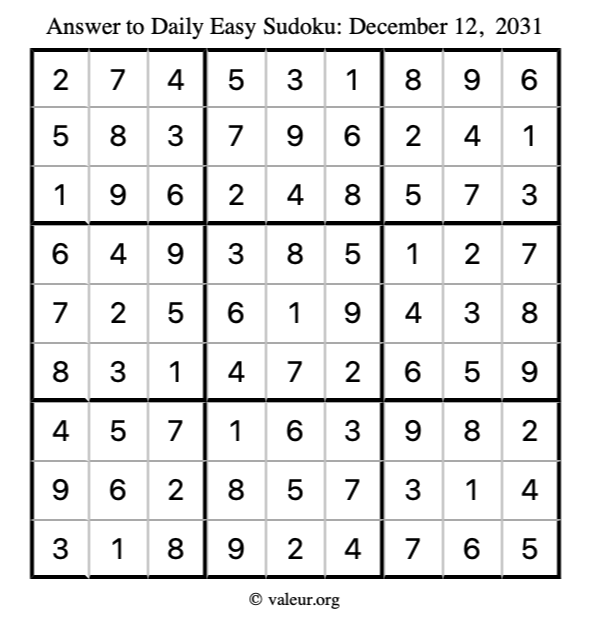 Answer to easy sudoku December 12, 2031