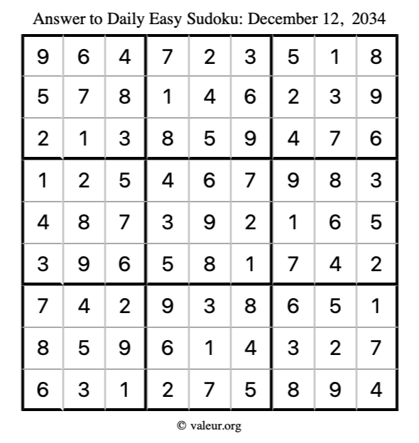 Answer to easy sudoku December 12, 2034