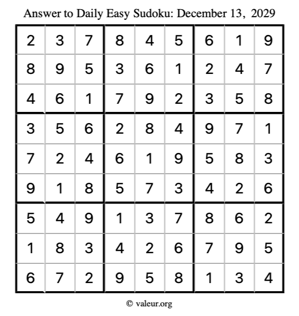 Answer to easy sudoku December 13, 2029