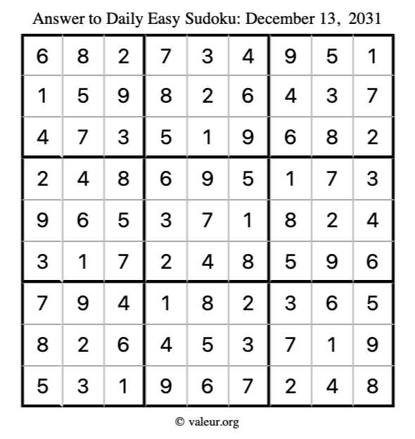 Answer to easy sudoku December 13, 2031