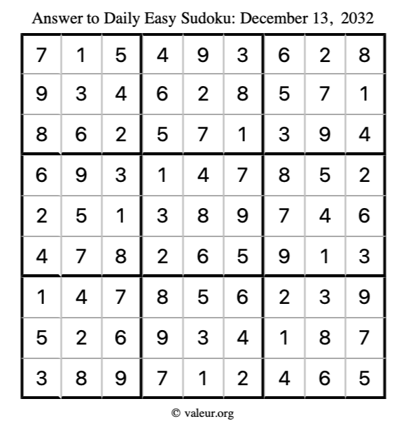 Answer to easy sudoku December 13, 2032
