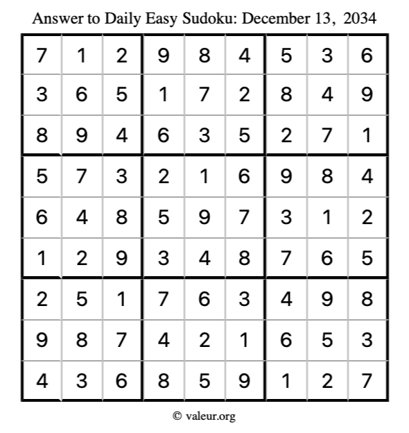 Answer to easy sudoku December 13, 2034