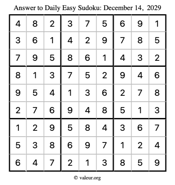 Answer to easy sudoku December 14, 2029