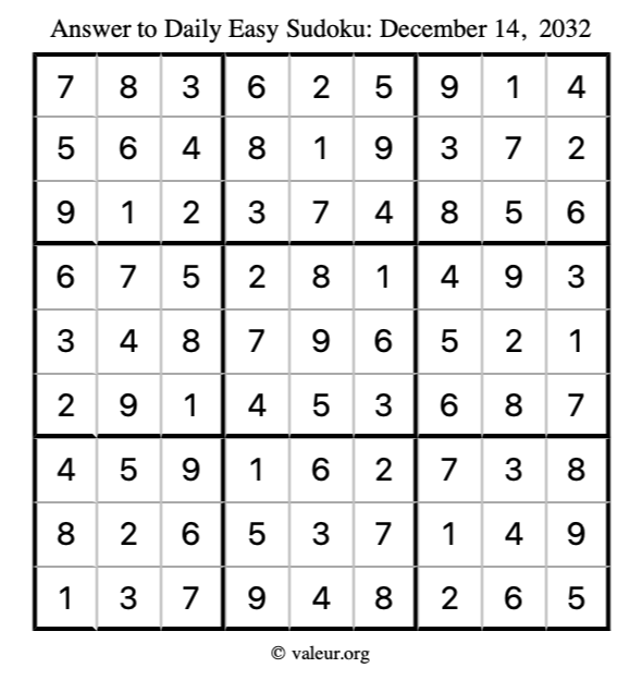 Answer to easy sudoku December 14, 2032