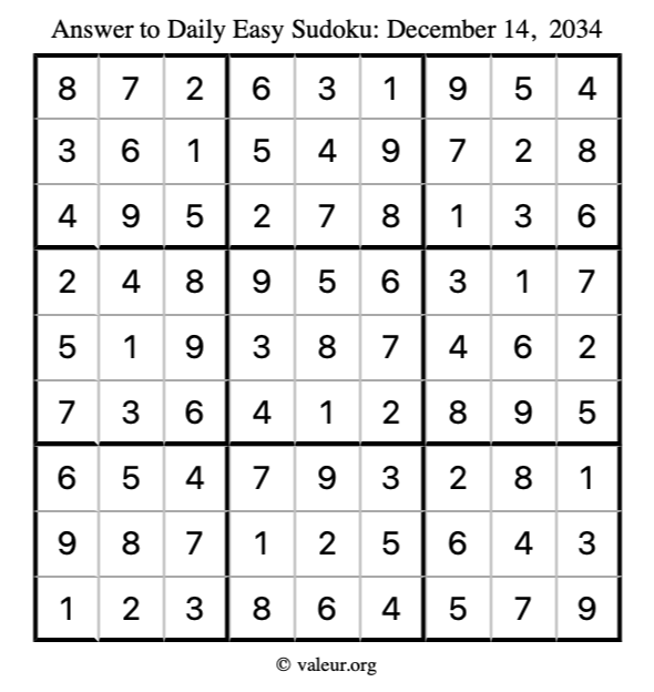 Answer to easy sudoku December 14, 2034