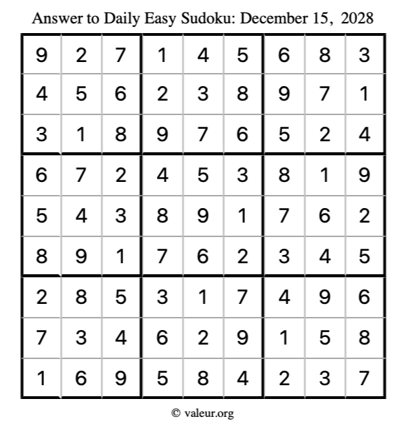 Answer to easy sudoku December 15, 2028