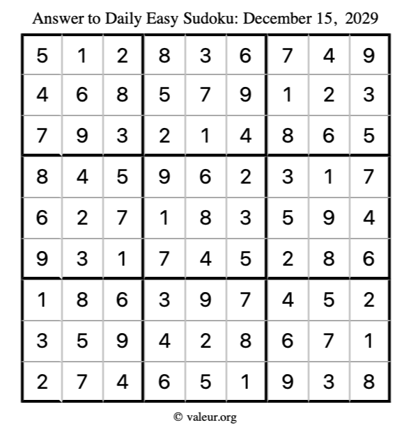 Answer to easy sudoku December 15, 2029