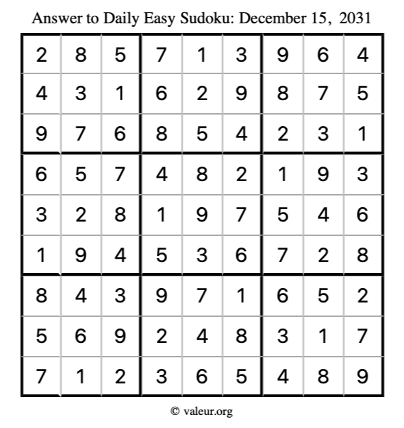 Answer to easy sudoku December 15, 2031