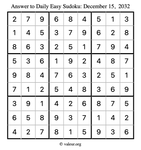 Answer to easy sudoku December 15, 2032