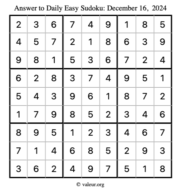 Answer to easy sudoku December 16, 2024