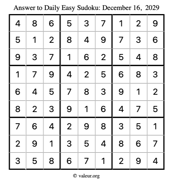 Answer to easy sudoku December 16, 2029