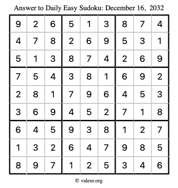 Answer to easy sudoku December 16, 2032