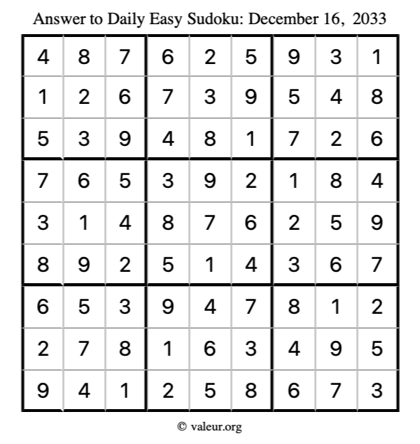 Answer to easy sudoku December 16, 2033