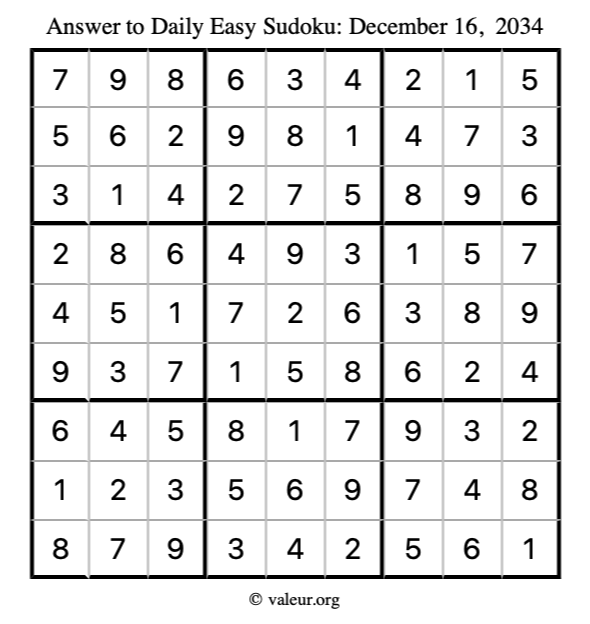 Answer to easy sudoku December 16, 2034