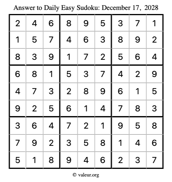 Answer to easy sudoku December 17, 2028