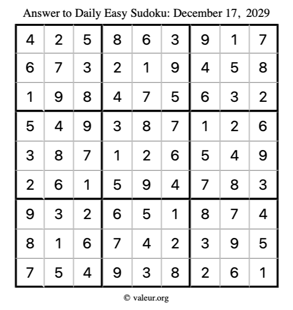 Answer to easy sudoku December 17, 2029