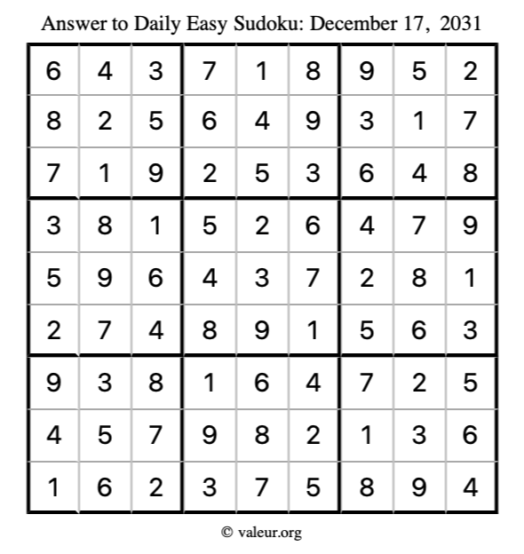 Answer to easy sudoku December 17, 2031