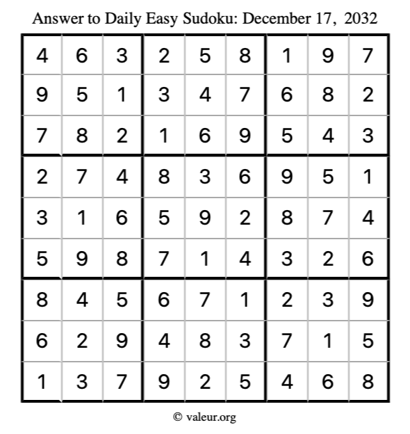 Answer to easy sudoku December 17, 2032