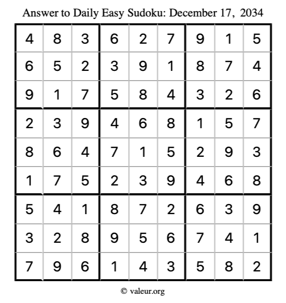Answer to easy sudoku December 17, 2034