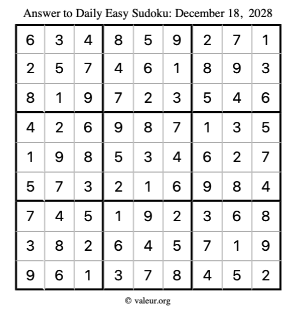 Answer to easy sudoku December 18, 2028
