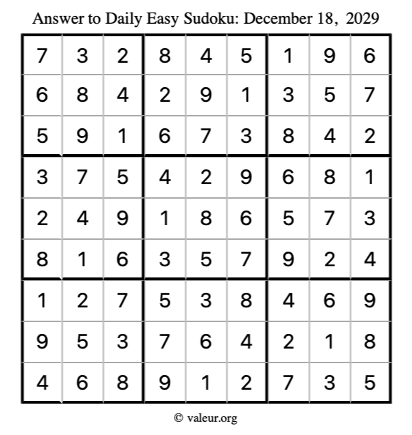 Answer to easy sudoku December 18, 2029