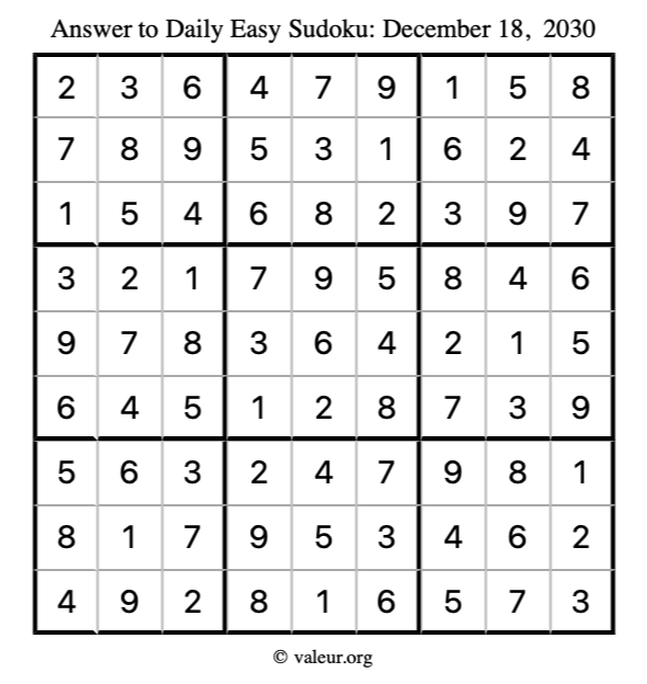 Answer to easy sudoku December 18, 2030